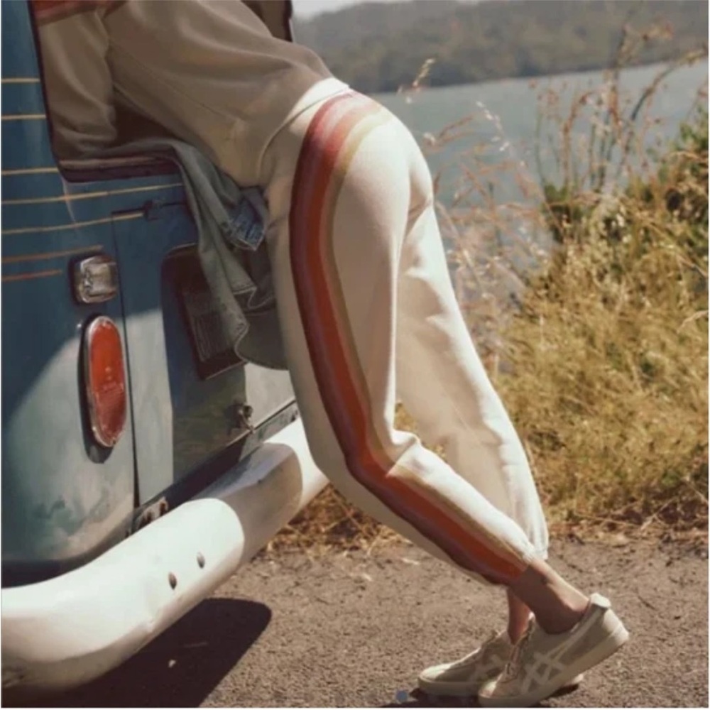 Marine Layer Cream Track Pants with Red and Orange Stripes